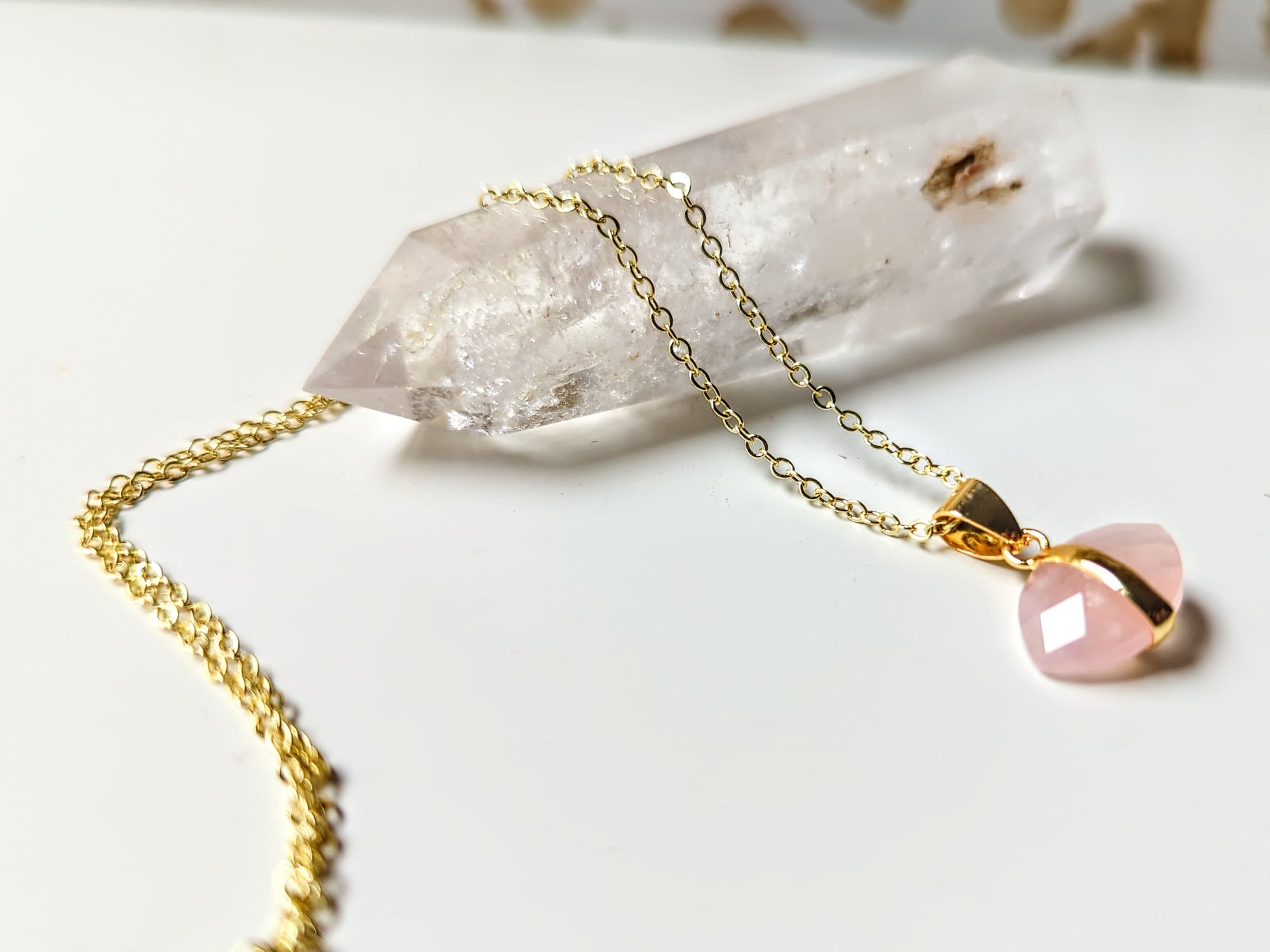 Faceted Evil Eye Gold Necklace - Rose Quartz