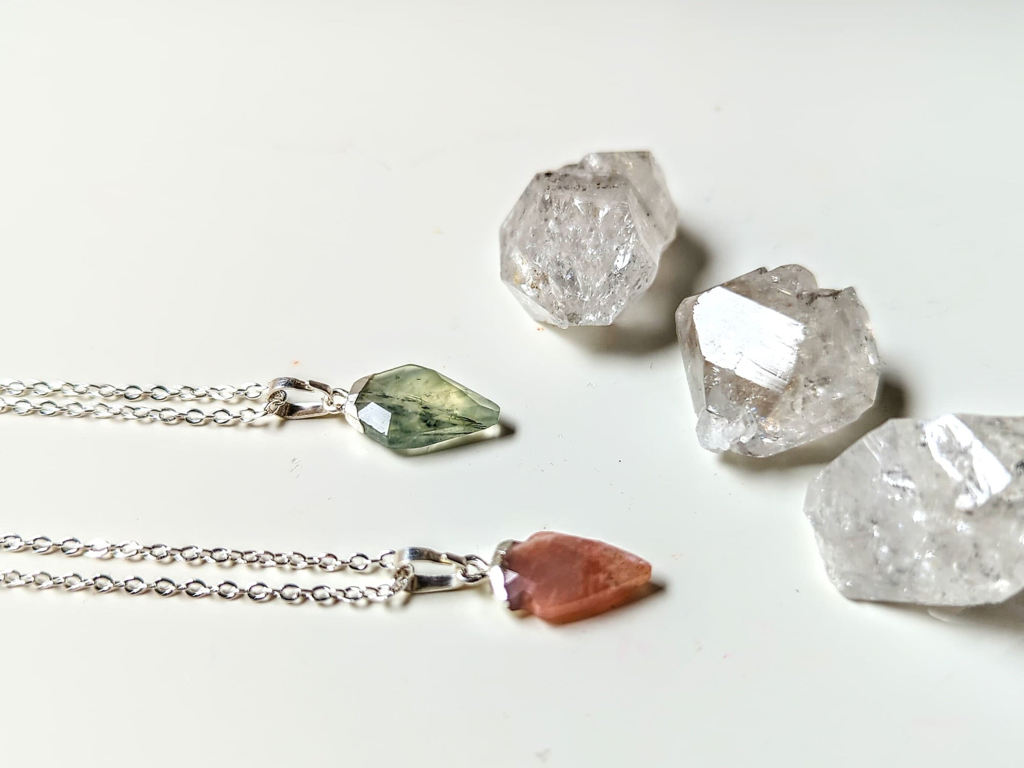 Faceted Arrowhead Silver Necklace - prehnite and peach moonstone