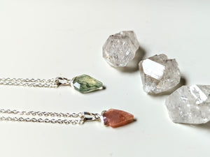 Faceted Arrowhead Silver Necklace - prehnite and peach moonstone