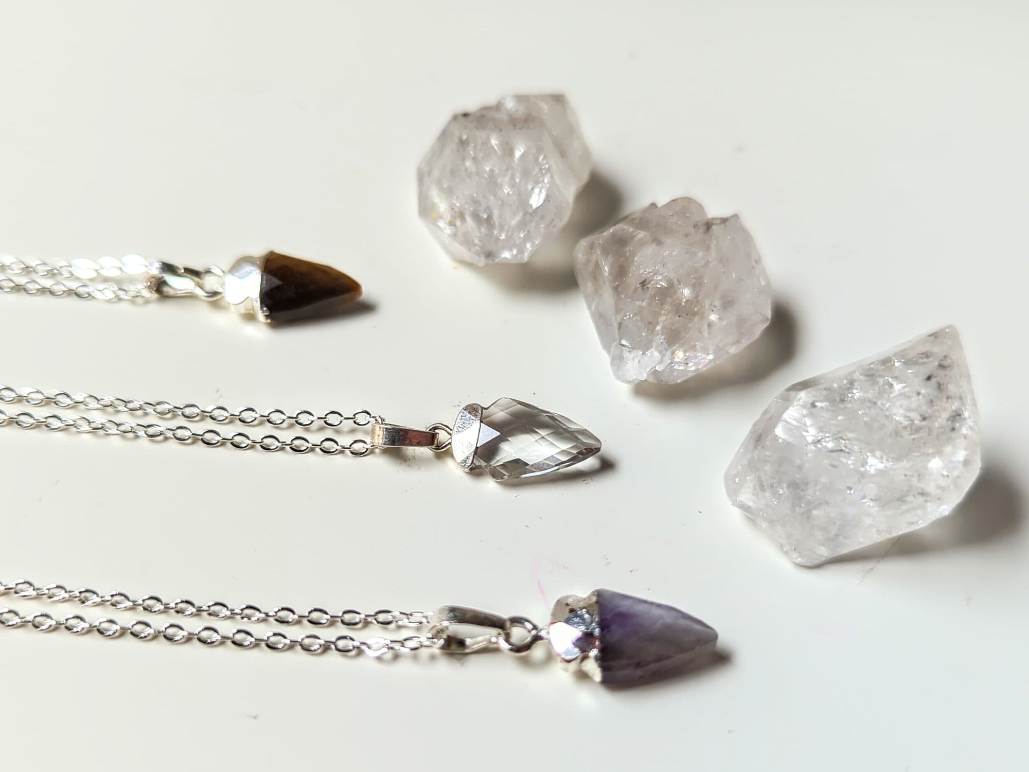 Faceted Arrowhead Silver Necklace - tiger's eye, amethyst, and clear quartz