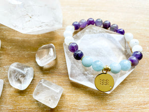 AQUARIUS GOLD EDITION Amethyst, Moonstone, Aquamarine Beaded Bracelet || Reiki Infused