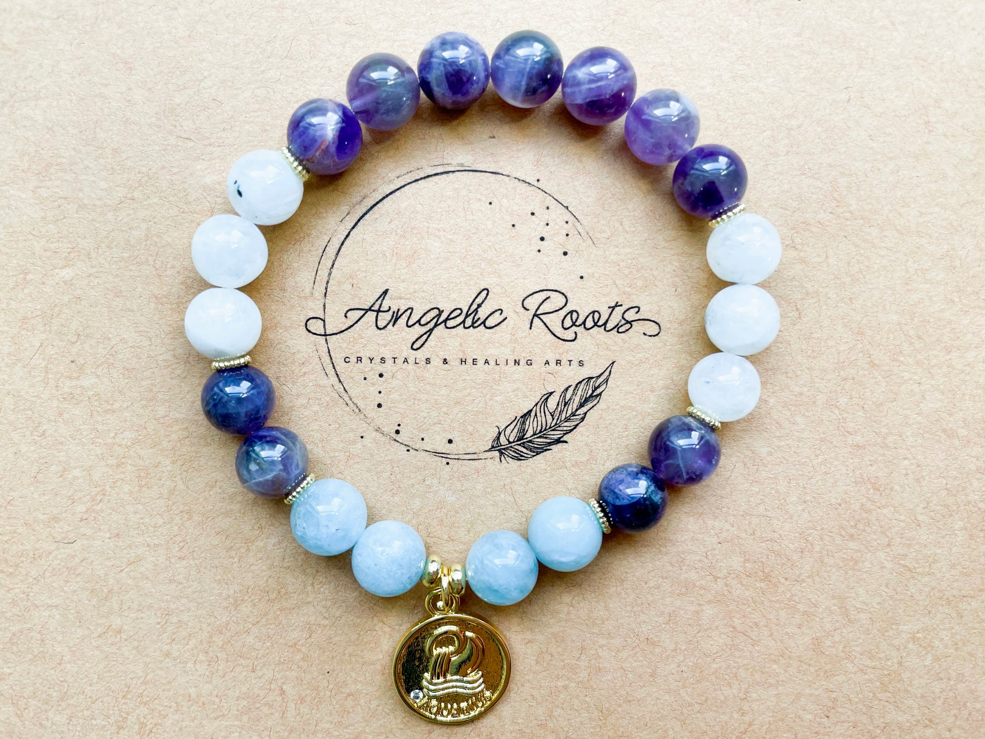 AQUARIUS GOLD EDITION Amethyst, Moonstone, Aquamarine Beaded Bracelet || Reiki Infused