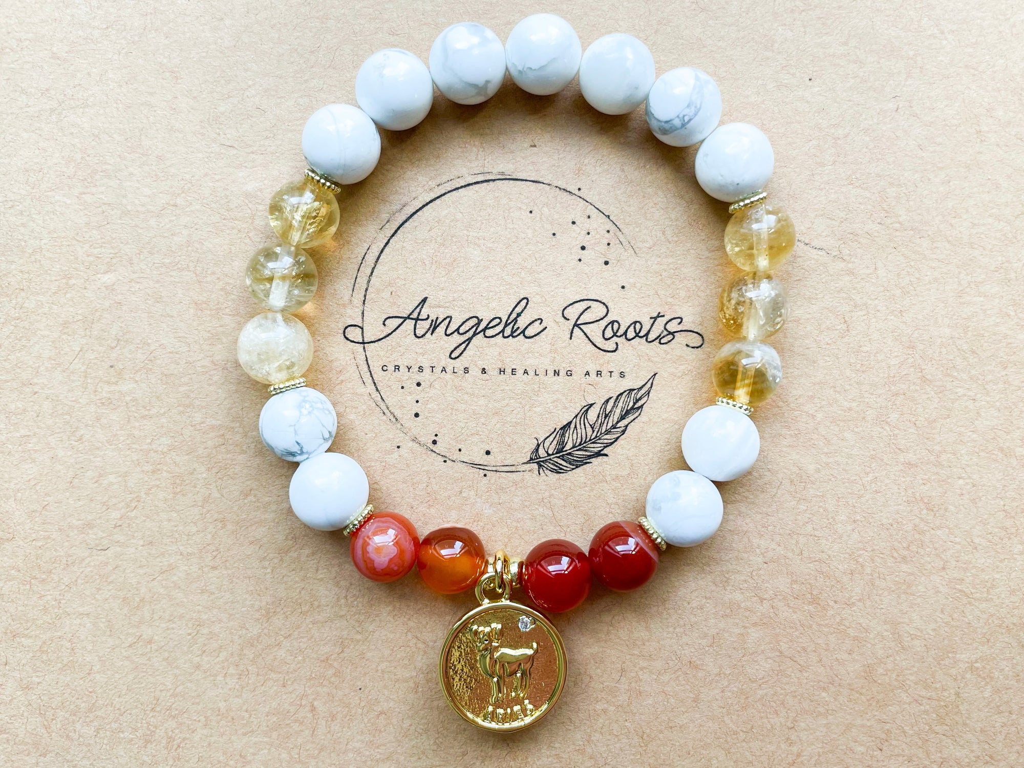  ARIES GOLD EDITION Howlite, Citrine, Carnelian Beaded Bracelet || Reiki Infused