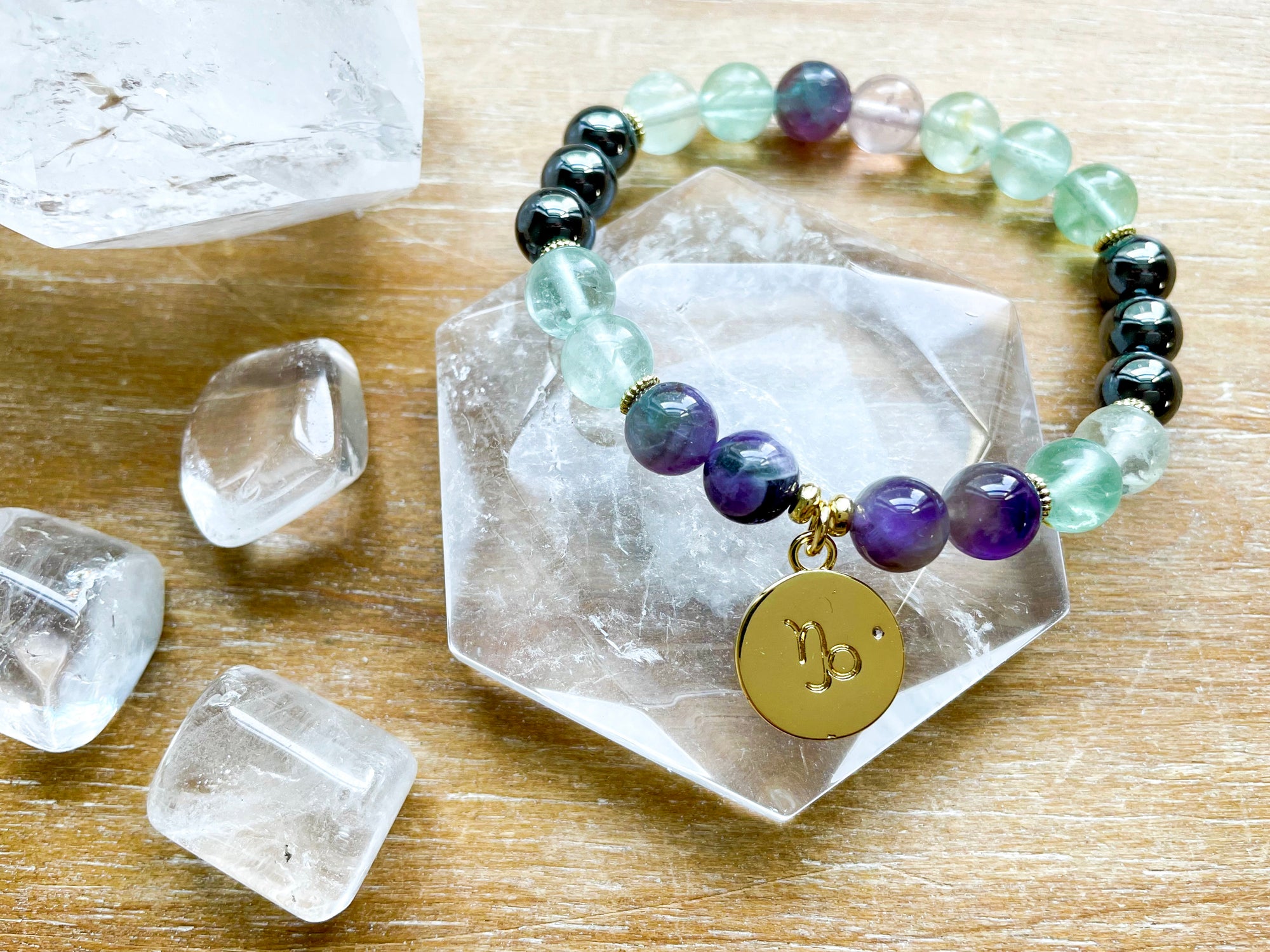 CAPRICORN GOLD EDITION Fluorite, Amethyst, Hematite Beaded Bracelet || Reiki Infused