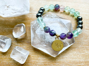 CAPRICORN GOLD EDITION Fluorite, Amethyst, Hematite Beaded Bracelet || Reiki Infused