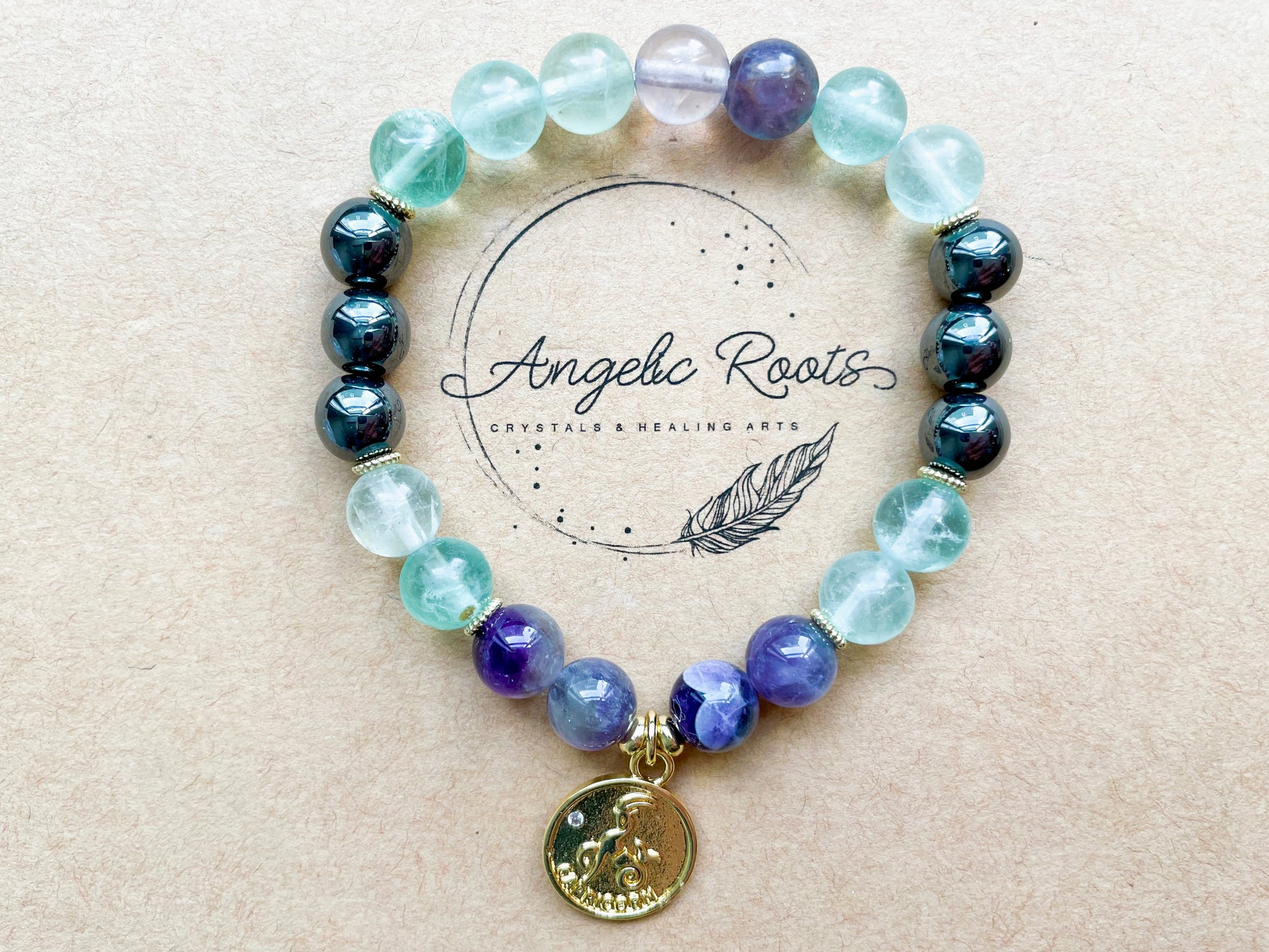 CAPRICORN GOLD EDITION Fluorite, Amethyst, Hematite Beaded Bracelet || Reiki Infused