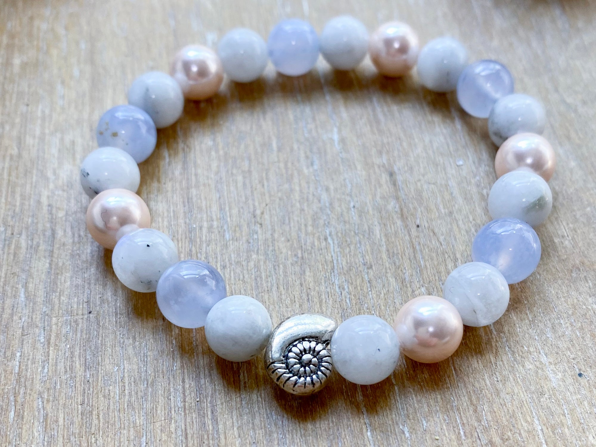 Blue Lace Agate, Mother of Pearl, Rainbow Moonstone & Sea Shell Beaded Bracelet || Reiki Infused