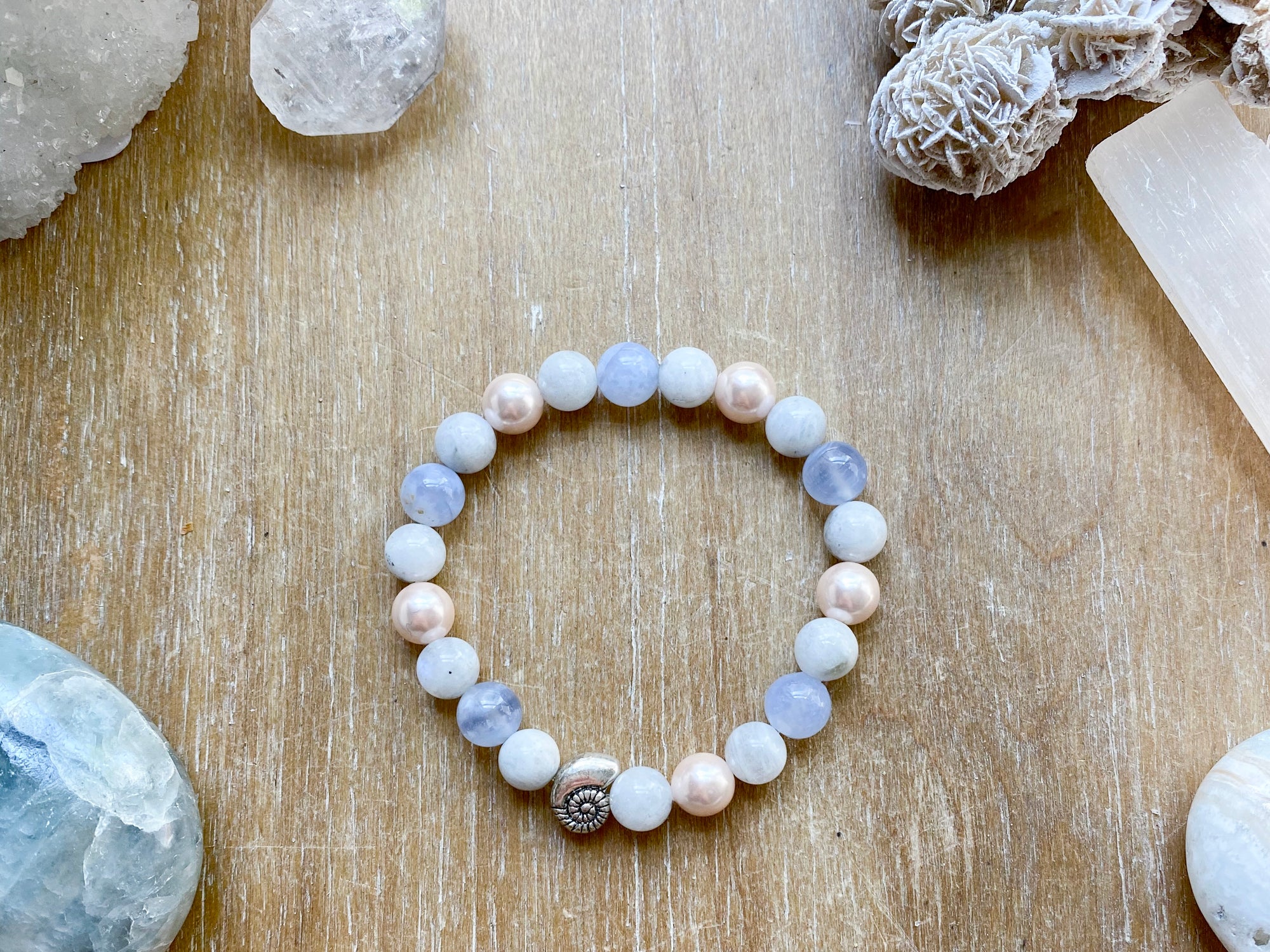 Blue Lace Agate, Mother of Pearl, Rainbow Moonstone & Sea Shell Beaded Bracelet || Reiki Infused