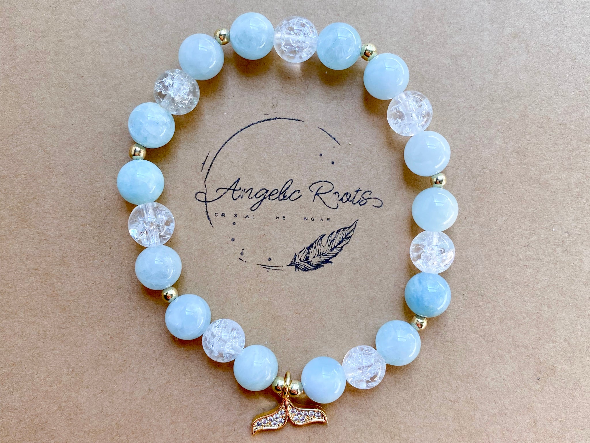Aquamarine Crackle Clear Quartz Whale Tail Charm Beaded Bracelet Reiki Infused 7
