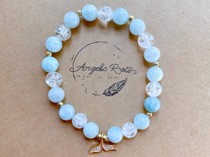 Aquamarine, Crackle Clear Quartz & Whale Tail Charm Beaded Bracelet || Reiki Infused