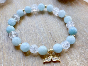 Aquamarine, Crackle Clear Quartz & Whale Tail Charm Beaded Bracelet || Reiki Infused