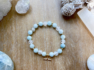 Aquamarine, Crackle Clear Quartz & Whale Tail Charm Beaded Bracelet || Reiki Infused