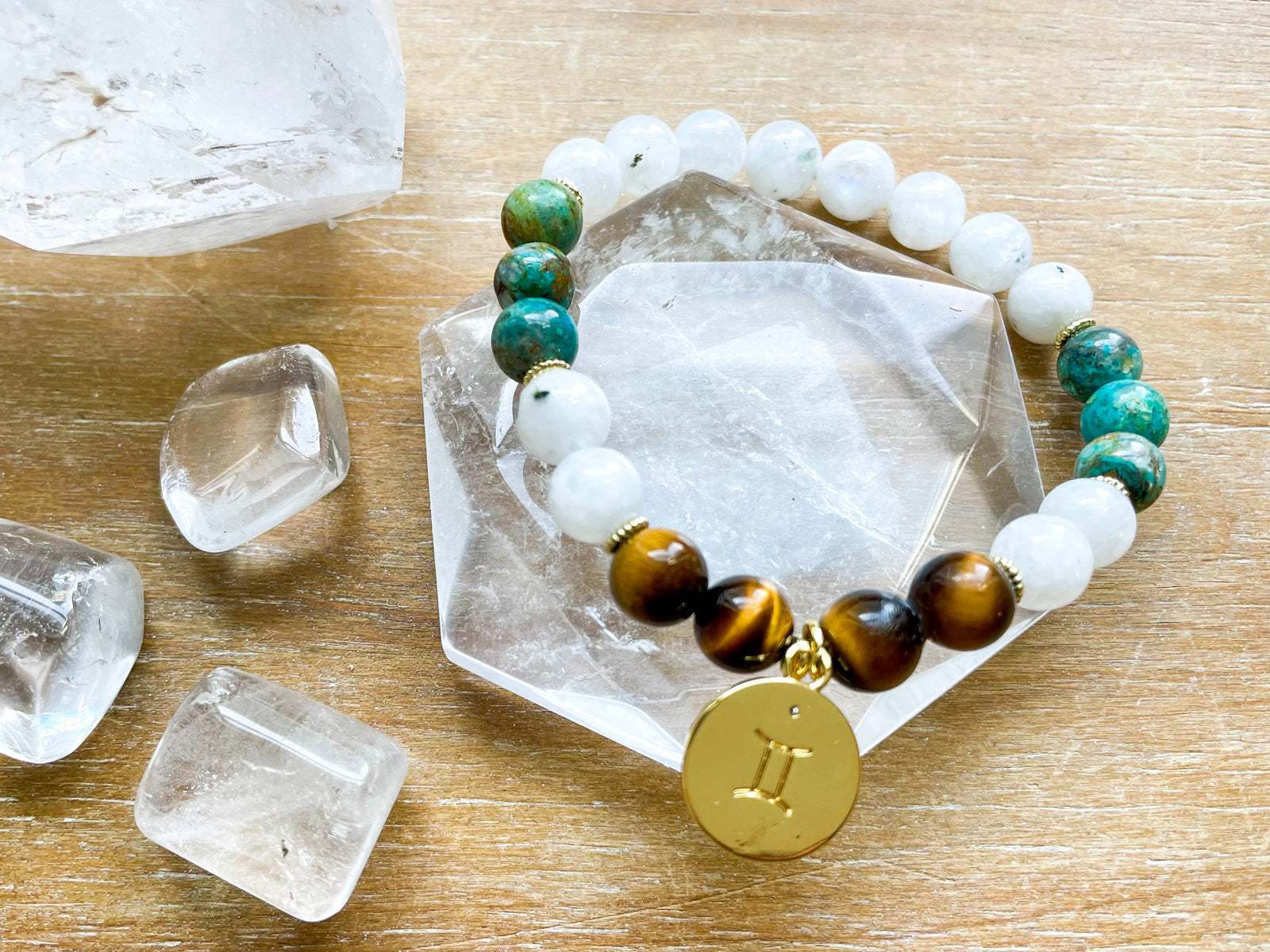 GEMINI GOLD EDITION Moonstone, Chrysocolla, Tiger Eye Beaded Bracelet || Reiki Infused
