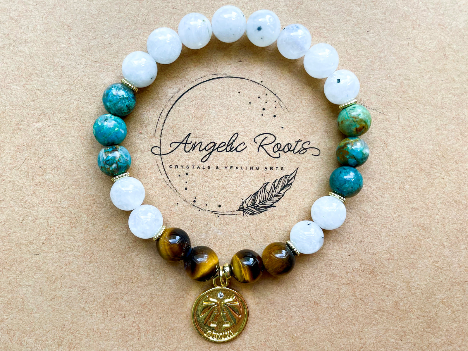 GEMINI GOLD EDITION Moonstone, Chrysocolla, Tiger Eye Beaded Bracelet || Reiki Infused