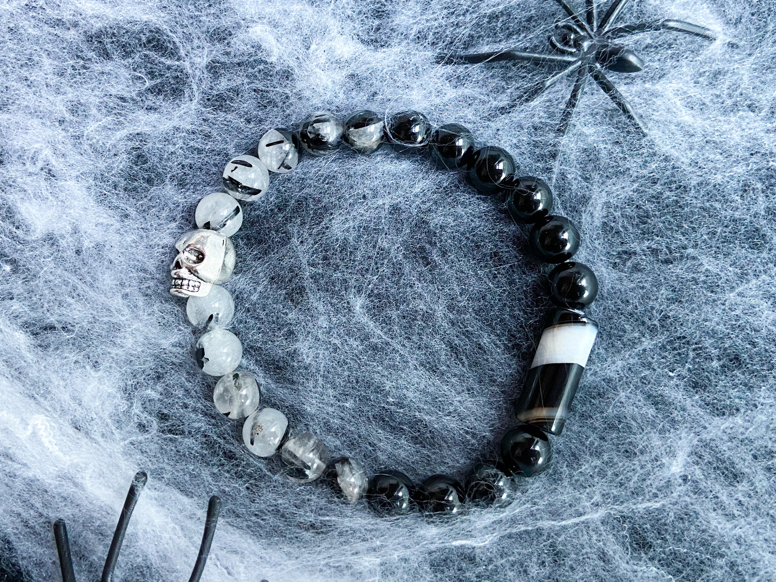 Limited Edition Halloween Bracelet || Skull & Onyx Bar || Onyx and Tourmalinated Quartz