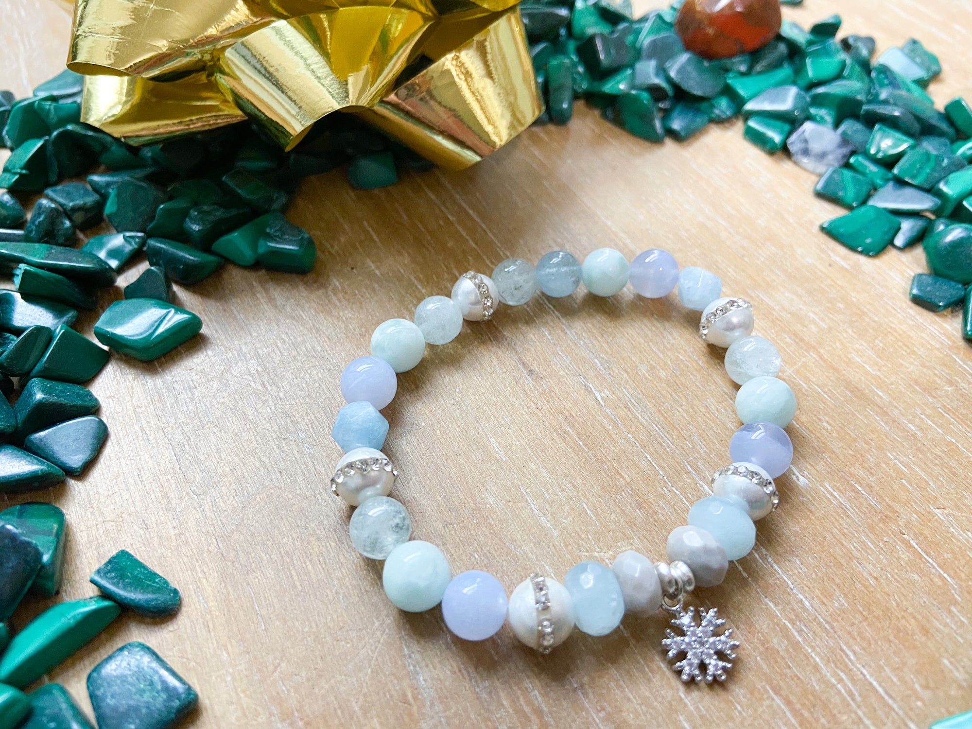 Holiday Collection || Aquamarine, Blue Lace Agate, Green Angelite & Silver Leaf Jasper || Reiki Infused