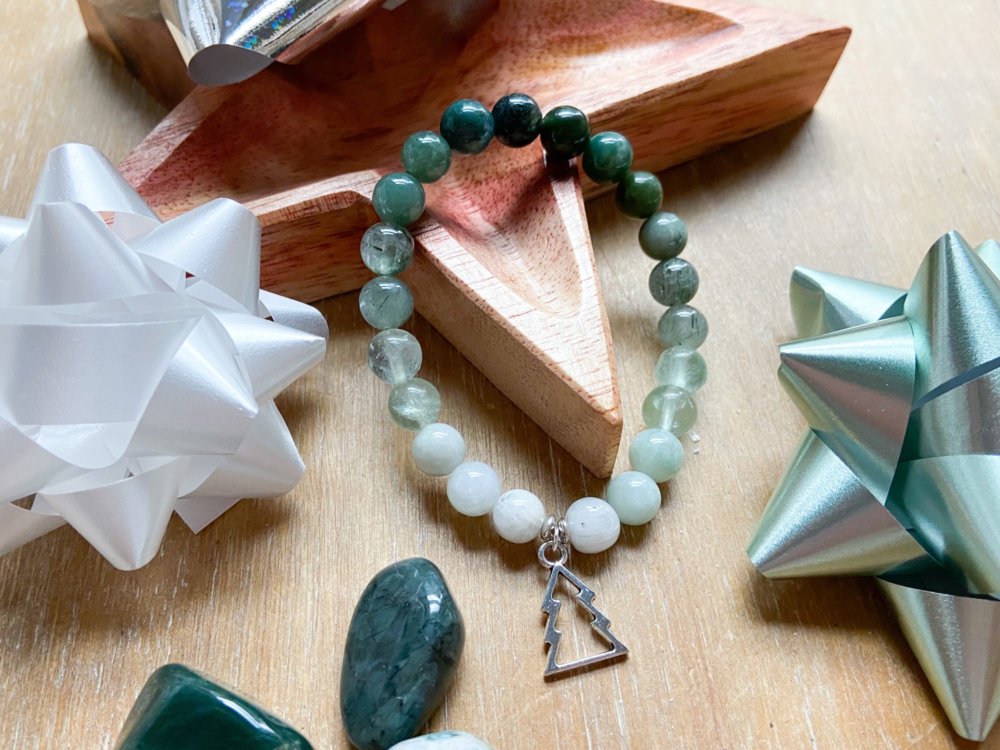 Holiday Collection || Moss Agate, Green Fluorite, Green Quartz, Burmese Jade & Rainbow Moonstone || Reiki Infused