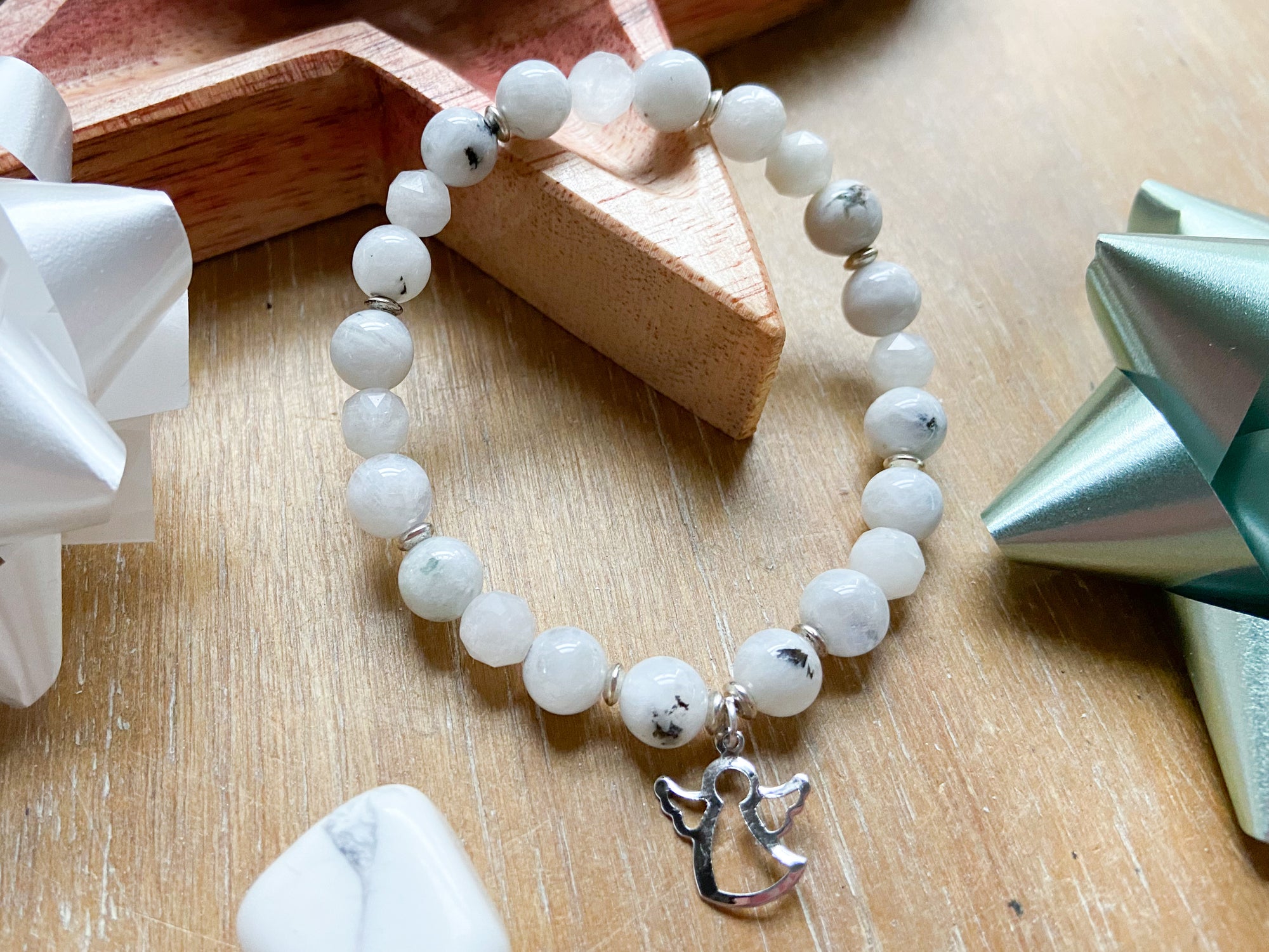 Holiday Collection || Rainbow Moonstone & Angel Charm || Reiki Infused