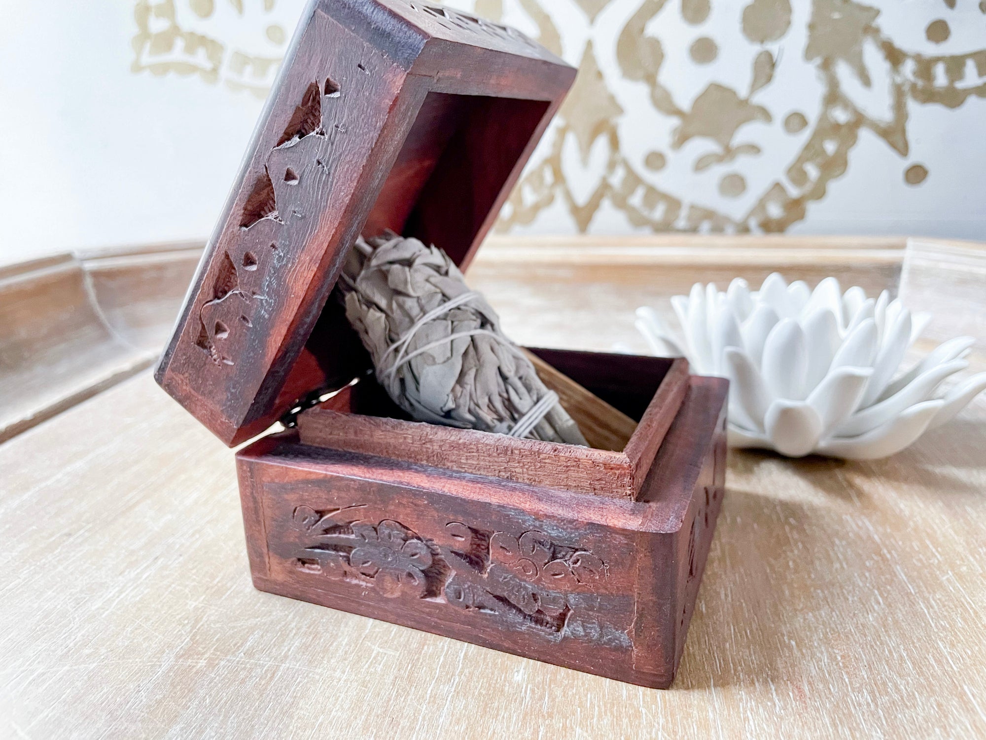 Inlay Carved Flower Wood Box
