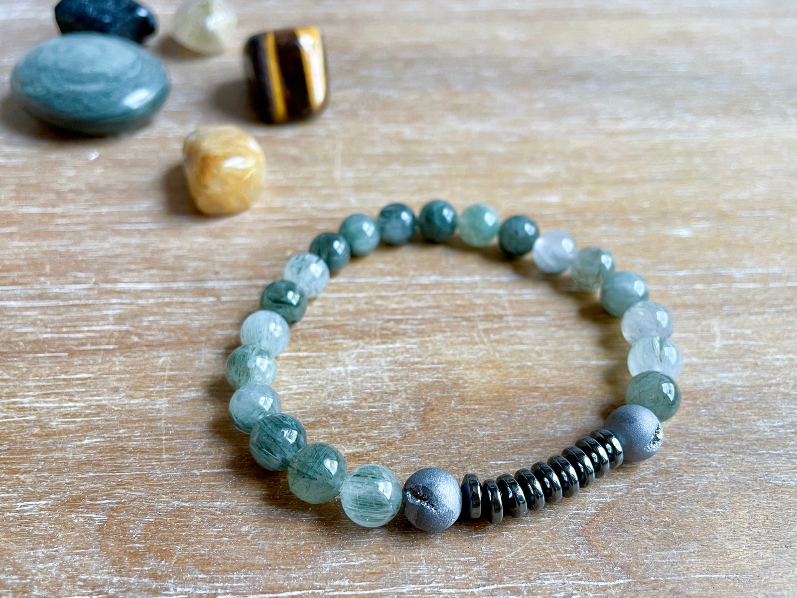 Masculine Line || Green Quartz, Druzy Quartz & Hematite Beaded Bracelet