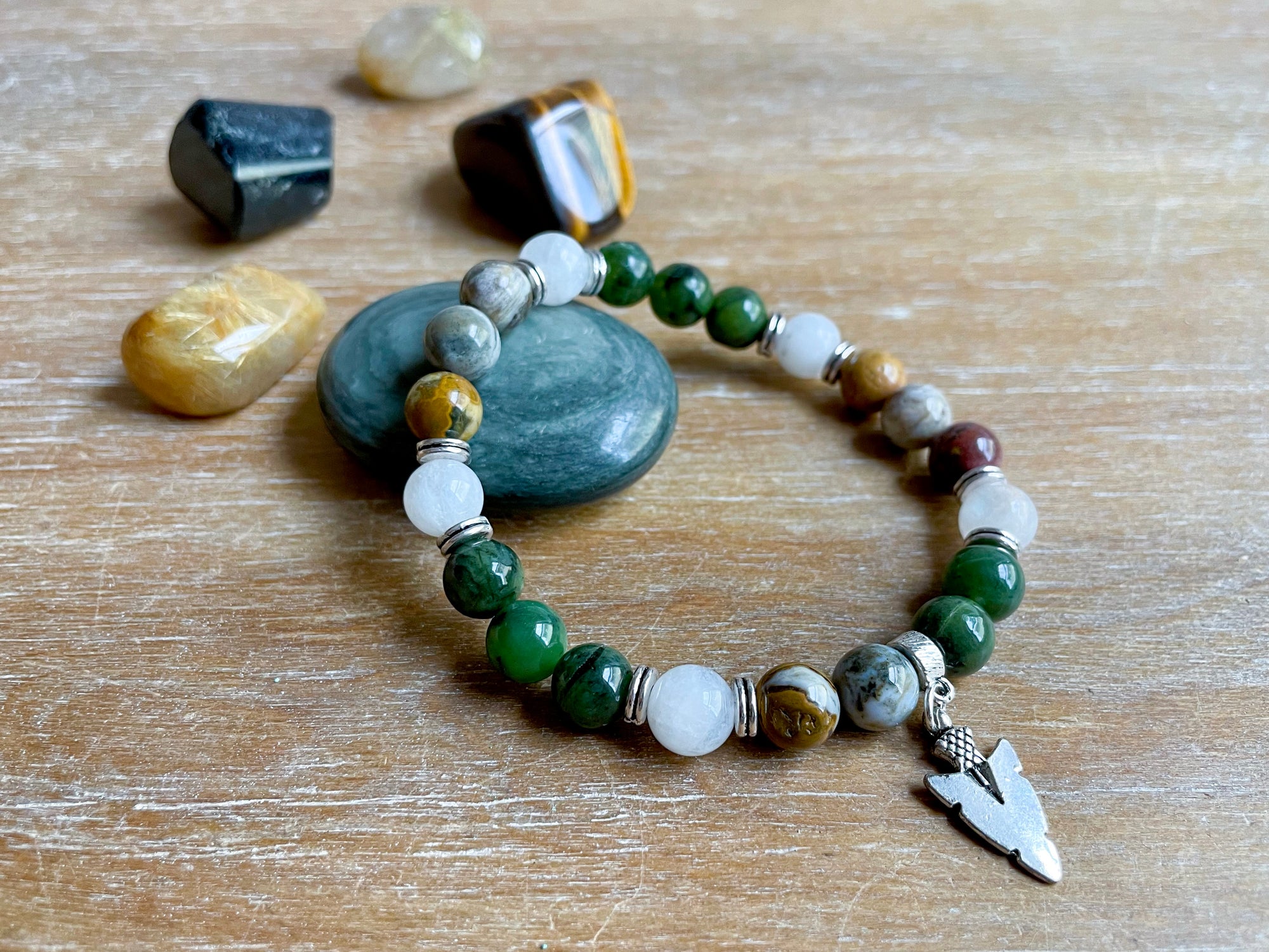 Masculine Line || Nephrite, Ocean Jasper & Rainbow Moonstone Beaded Bracelet