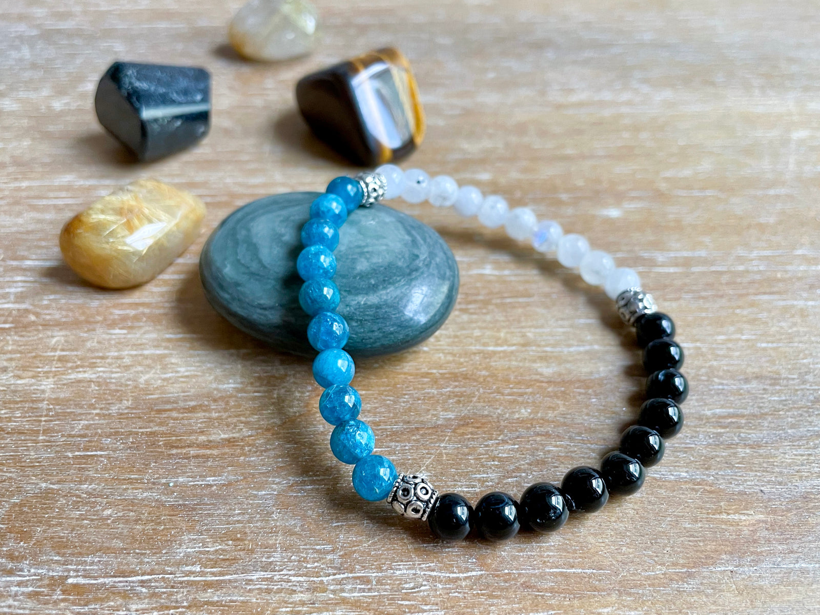 Masculine Line || Apatite, Black Tourmaline & Rainbow Moonstone 6mm Beaded Bracelet