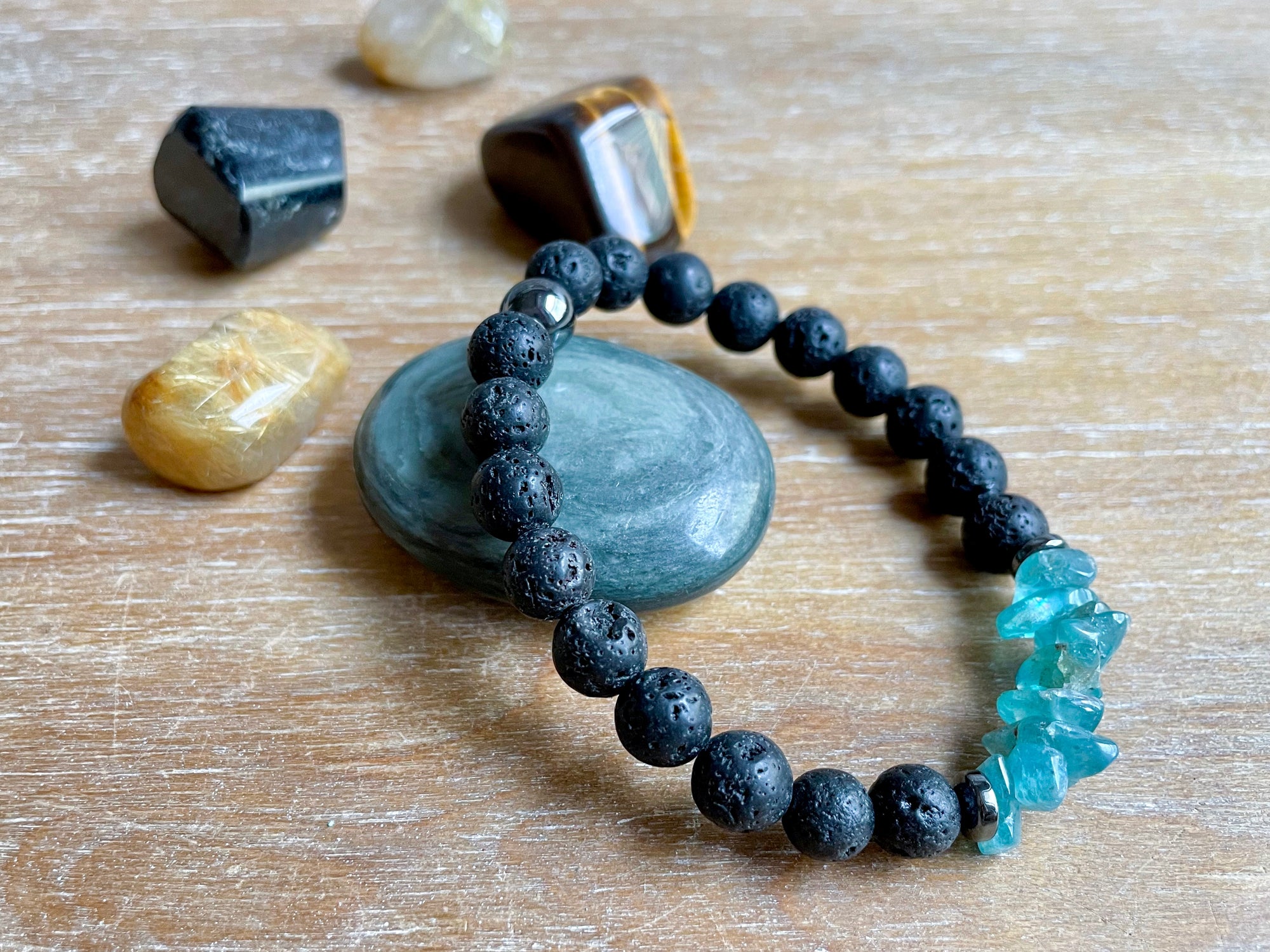 Masculine Line || Lava, Green Apatite & Hematite Beaded Bracelet