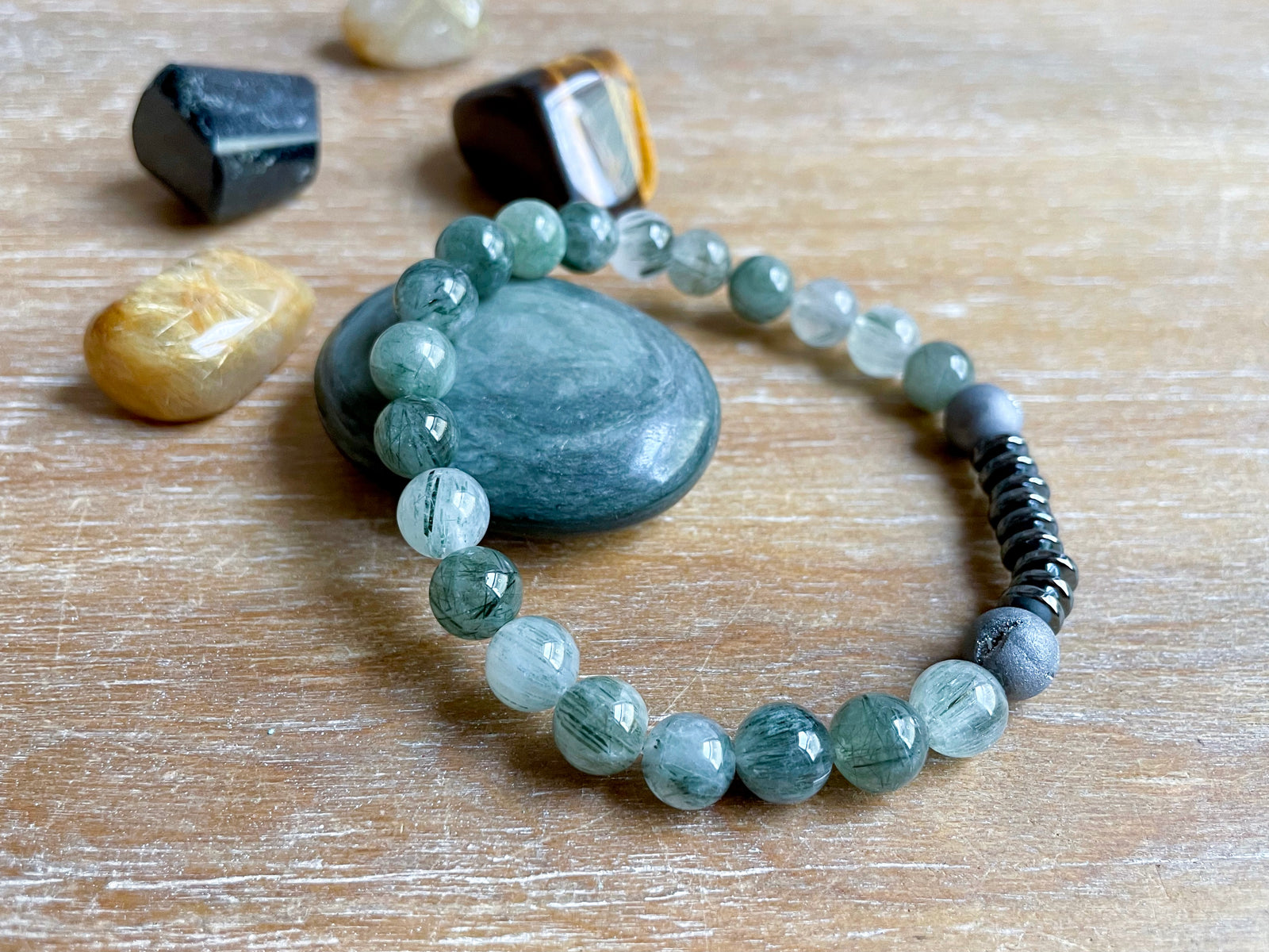 Masculine Line || Green Quartz, Druzy Quartz & Hematite Beaded Bracelet