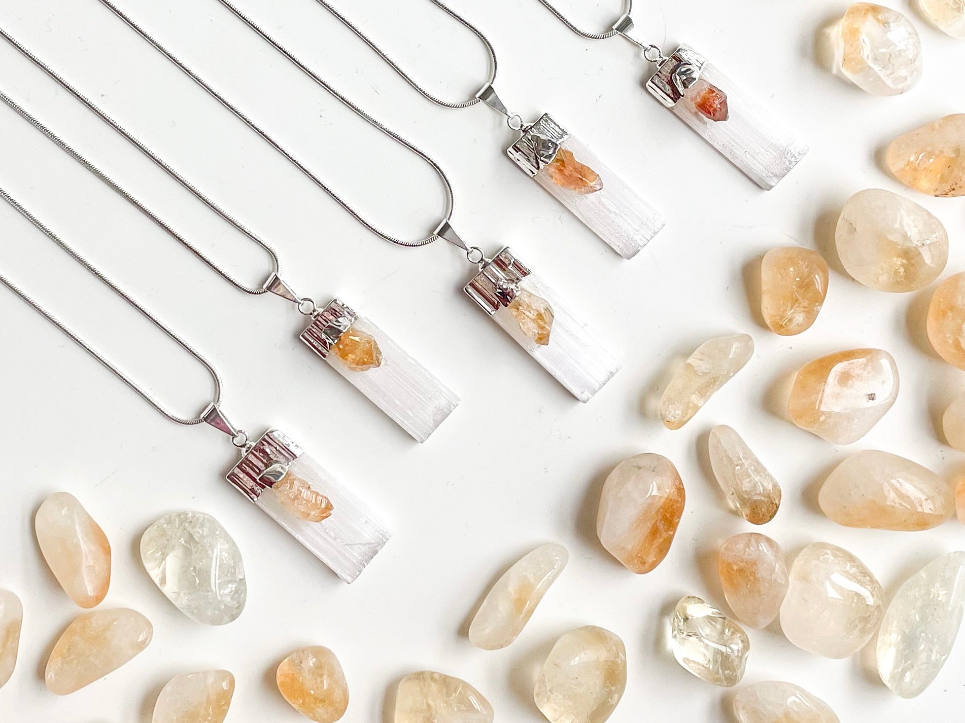 Selenite & Citrine Silver Dipped Pendant Necklace