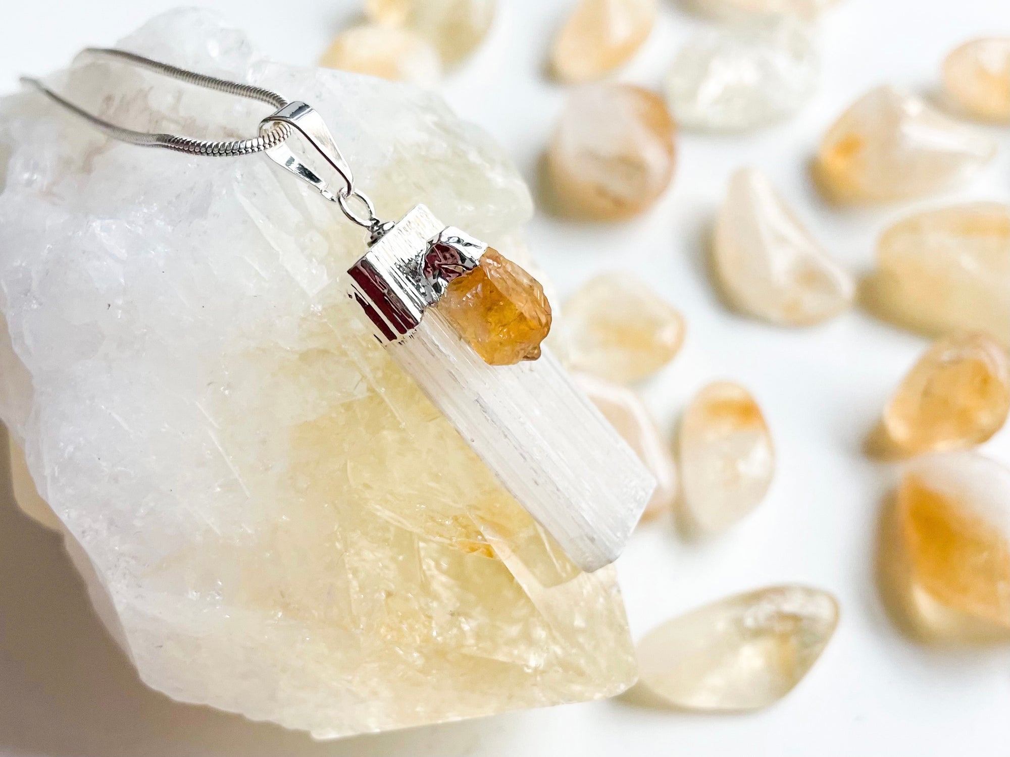 Selenite & Citrine Silver Dipped Pendant Necklace