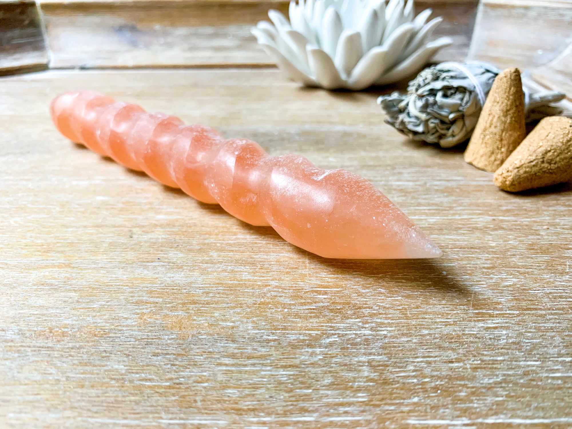 Peach Selenite Spiral Wand