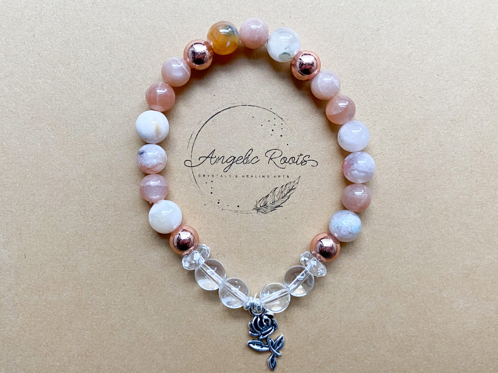 Clear Quartz, Copper, Flower Agate & Peach Moonstone || Rose Charm || Reiki Infused