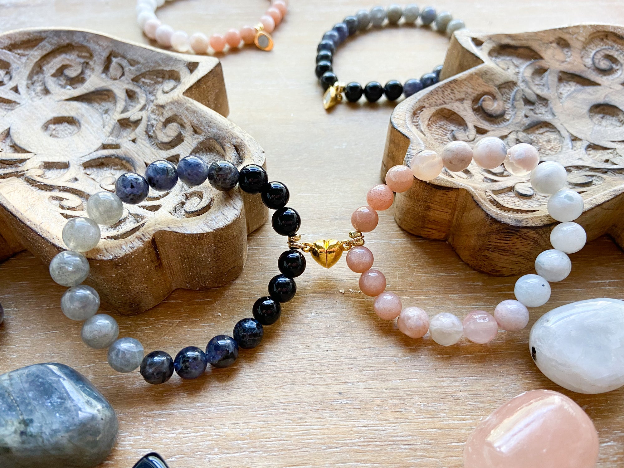 Friendship Bracelets || Labradorite, Iolite, Onyx, Peach Moonstone, Flower Agate & Rainbow Moonstone Pair || Gold Magnetic Heart || Reiki Infused