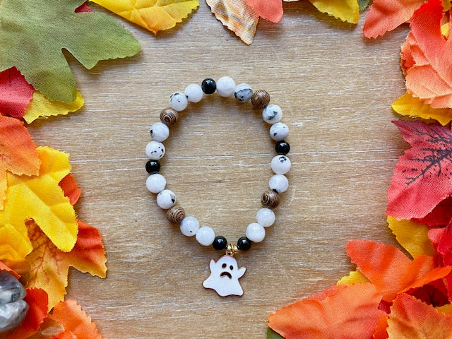 Halloween Collection || Rainbow Moonstone, Ebony Wood, Onyx & Ghost Charm Beaded Bracelet || Reiki Infused