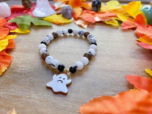 Halloween Collection || Rainbow Moonstone, Ebony Wood, Onyx & Ghost Charm Beaded Bracelet || Reiki Infused