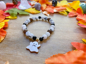 Halloween Collection || Rainbow Moonstone, Ebony Wood, Onyx & Ghost Charm Beaded Bracelet || Reiki Infused