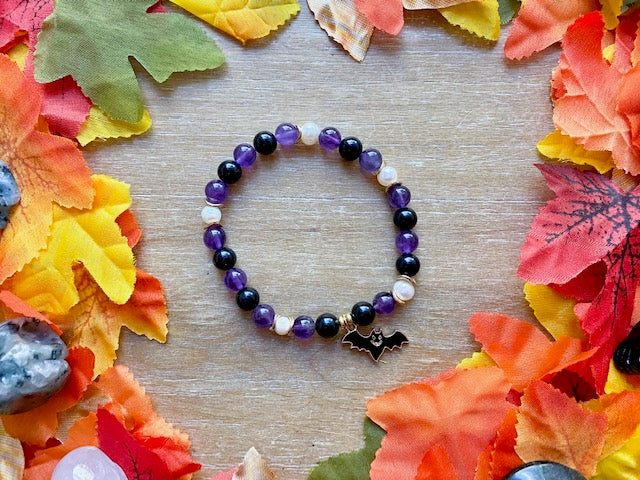 Halloween Collection || Amethyst, Black Onyx, Mother of Pearl & Bat Charm Beaded Bracelet || Reiki Infused