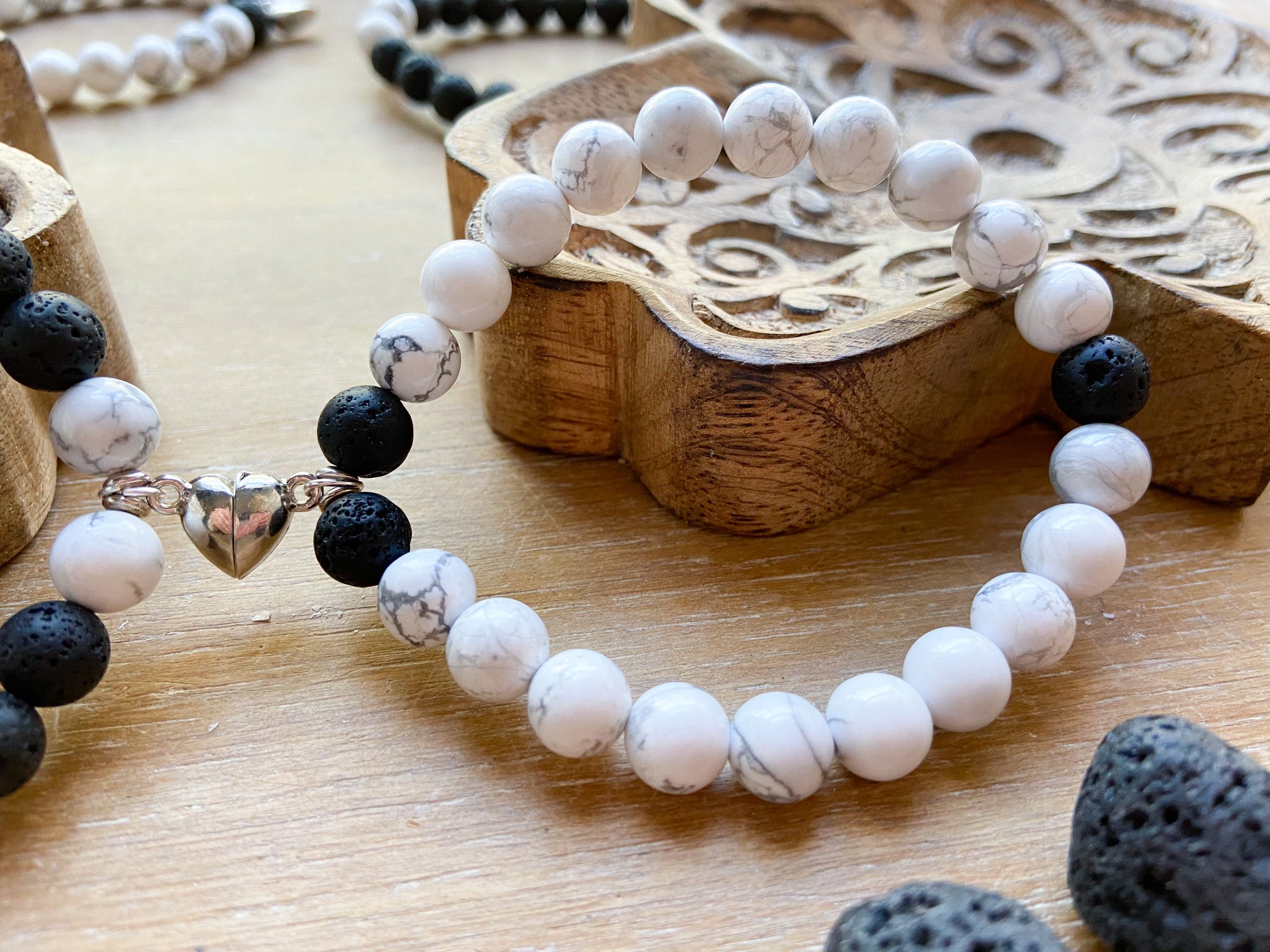 Friendship Bracelets || Howlite & Lava Pair || Silver Magnetic Heart || Reiki Infused