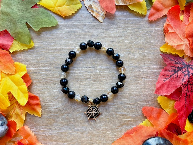 Halloween Collection || Citrine, Onyx  & Spider Web Charm Beaded Bracelet || Reiki Infused