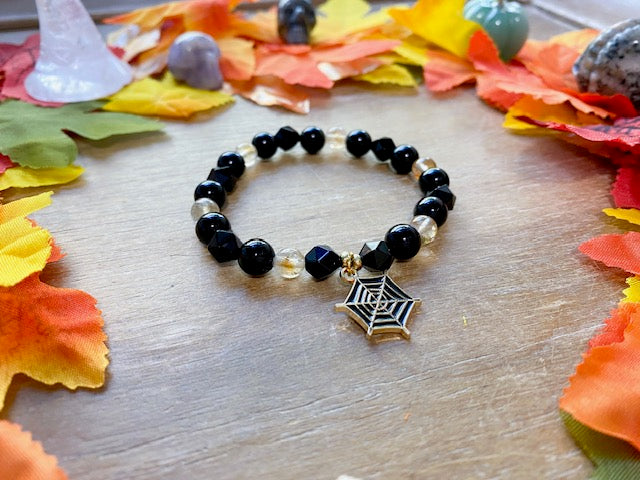 Halloween Collection || Citrine, Onyx  & Spider Web Charm Beaded Bracelet || Reiki Infused