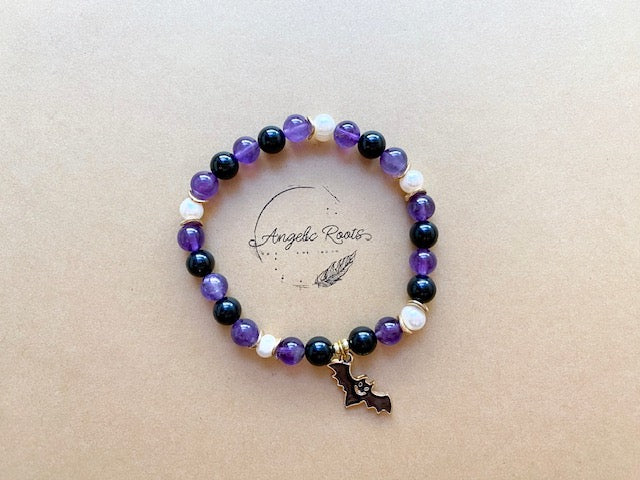 Halloween Collection || Amethyst, Black Onyx, Mother of Pearl & Bat Charm Beaded Bracelet || Reiki Infused