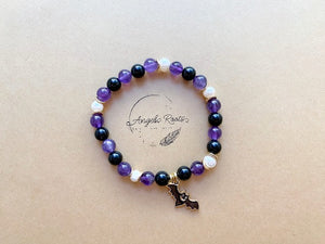 Halloween Collection || Amethyst, Black Onyx, Mother of Pearl & Bat Charm Beaded Bracelet || Reiki Infused