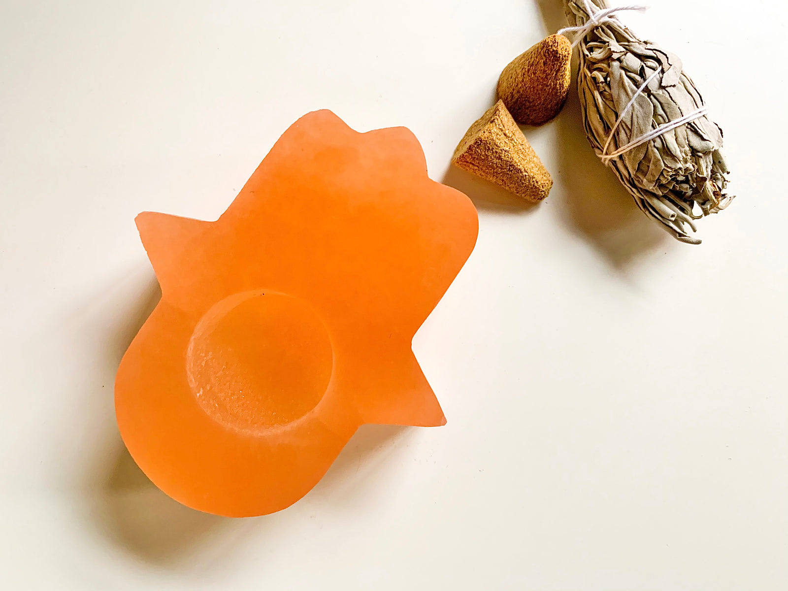 Peach Selenite Hamsa Candle Holder