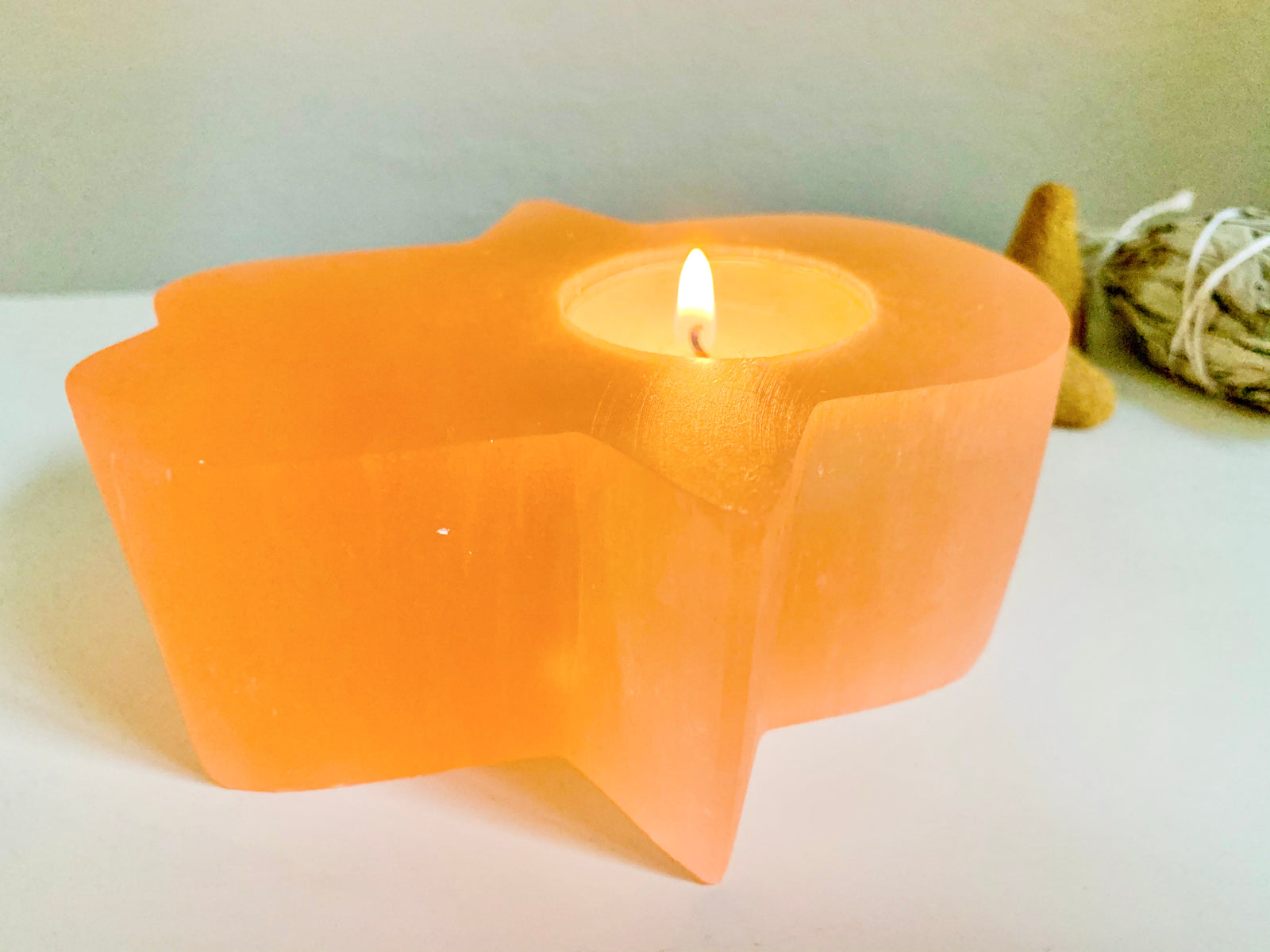 Peach Selenite Hamsa Candle Holder