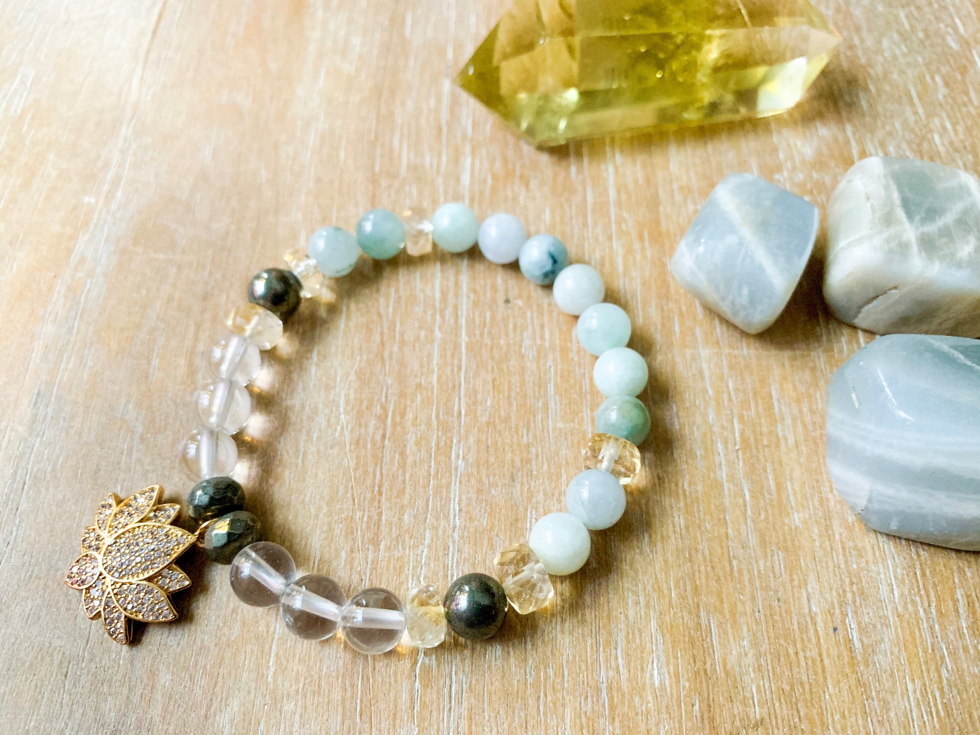 Clear Quartz, Citrine, Burmese Jade & Pyrite with Gold Lotus Charm Bracelet || Reiki Infused