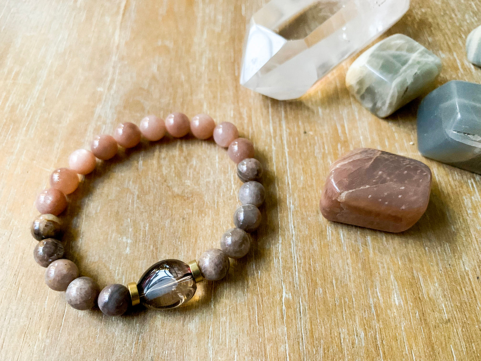Gray Moonstone, Peach Moonstone & Smoky Quartz Brcelet || Reiki Infused