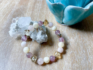 Morganite, Strawberry Quartz & Yellow Calcite with Gold Butterfly Beaded Bracelet || Reiki Infused