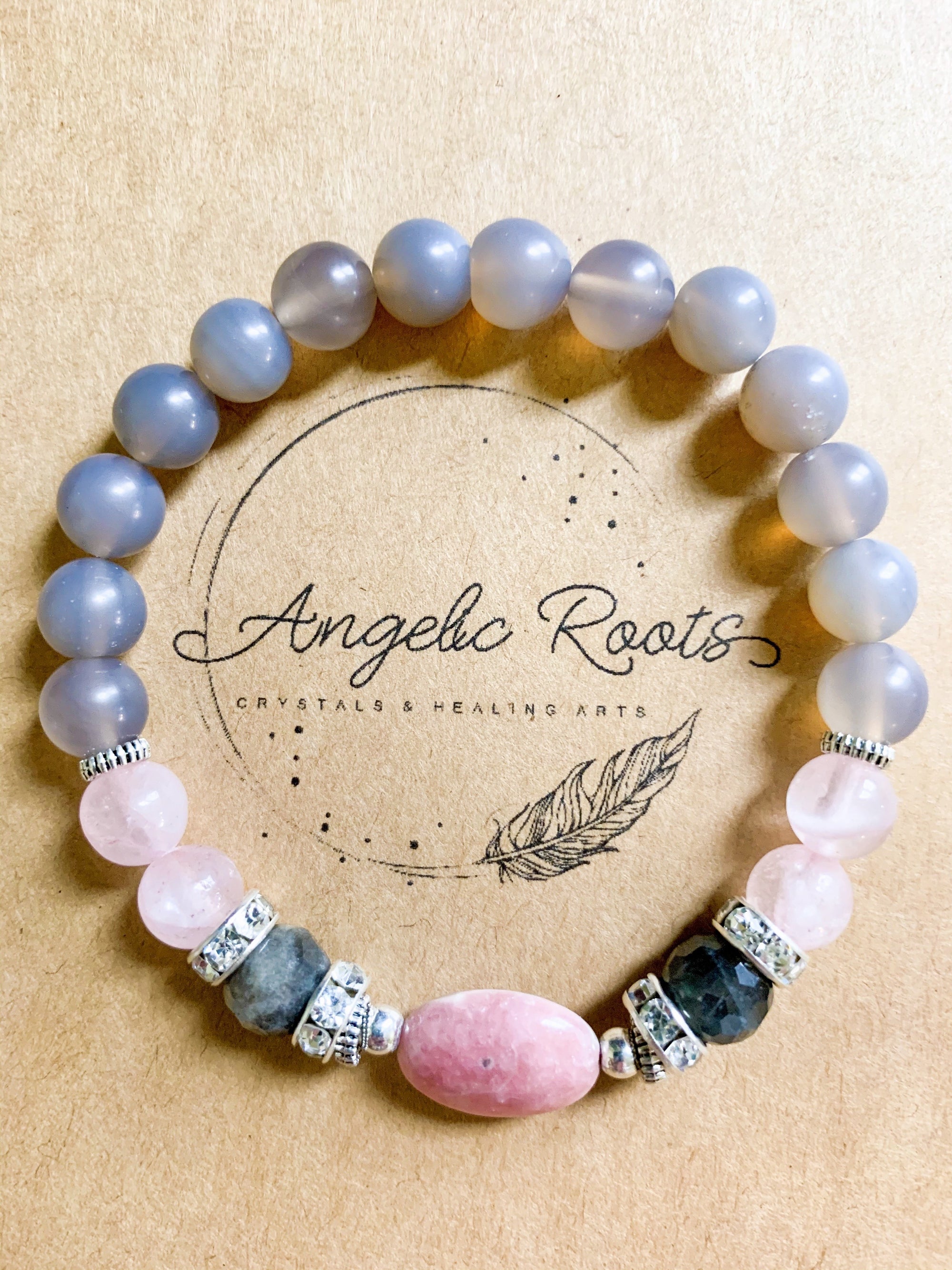 Rhodonite, Rose Quartz, Labradorite, Gray Agate Beaded Bracelet || Reiki Infused