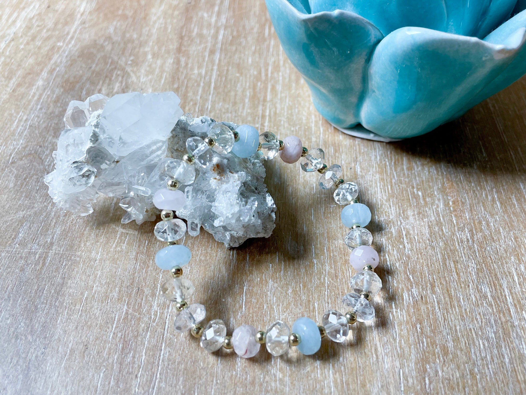 Aquamarine, Citrine, Clear & Rose Quartz Beaded Bracelet || Reiki Infused