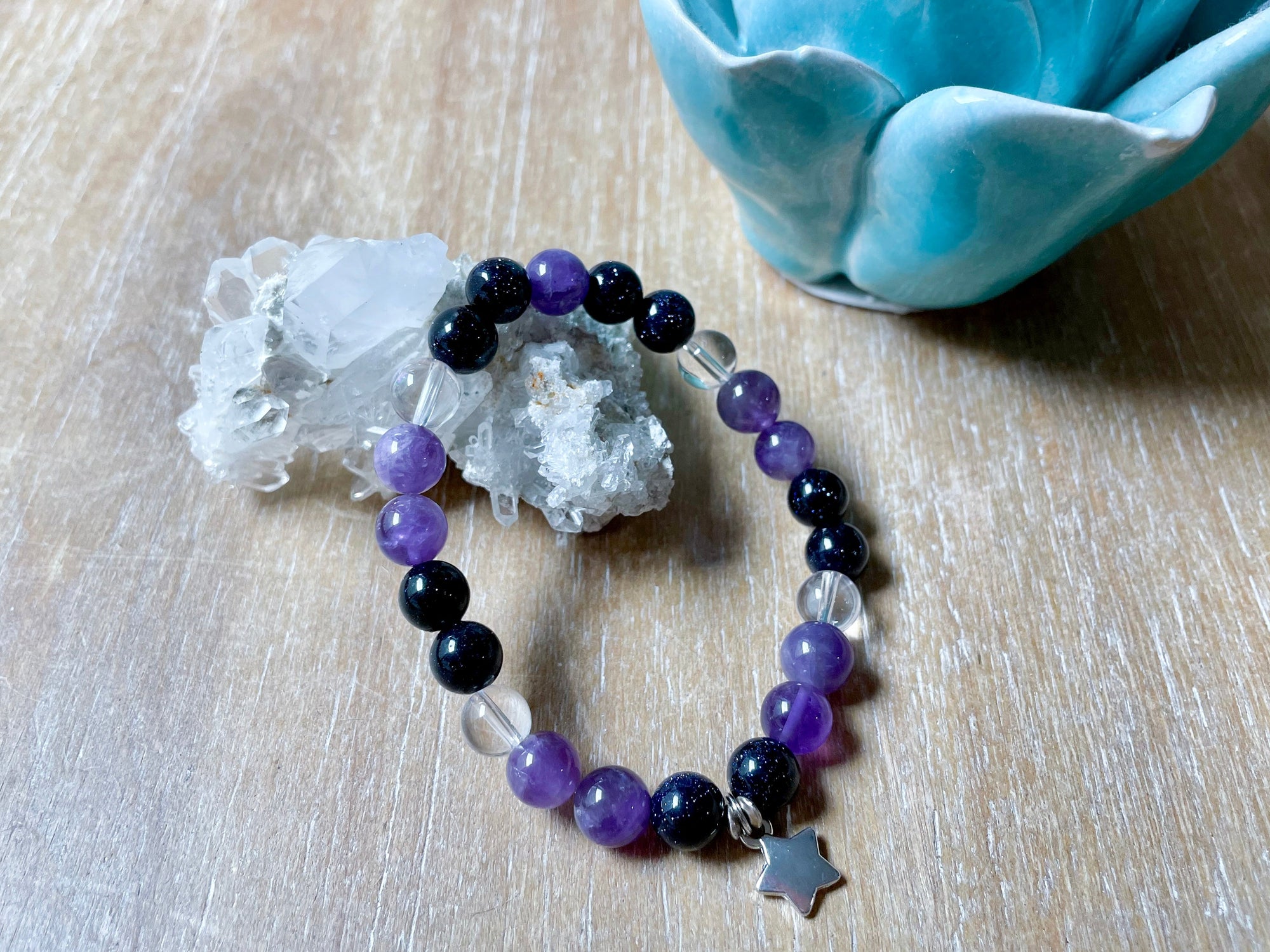 Amethyst, Blue Sandstone & Clear Quartz Beaded Bracelet || Reiki Infused